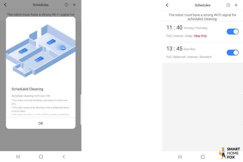 Setting the cleaning schedule in a robot vacuum cleaner mobile app.
